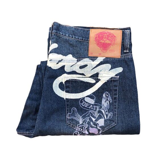 RARE Ed Hardy By Christian Audigier Embroidered Jeans Size 40 Blue - Picture 2 of 10